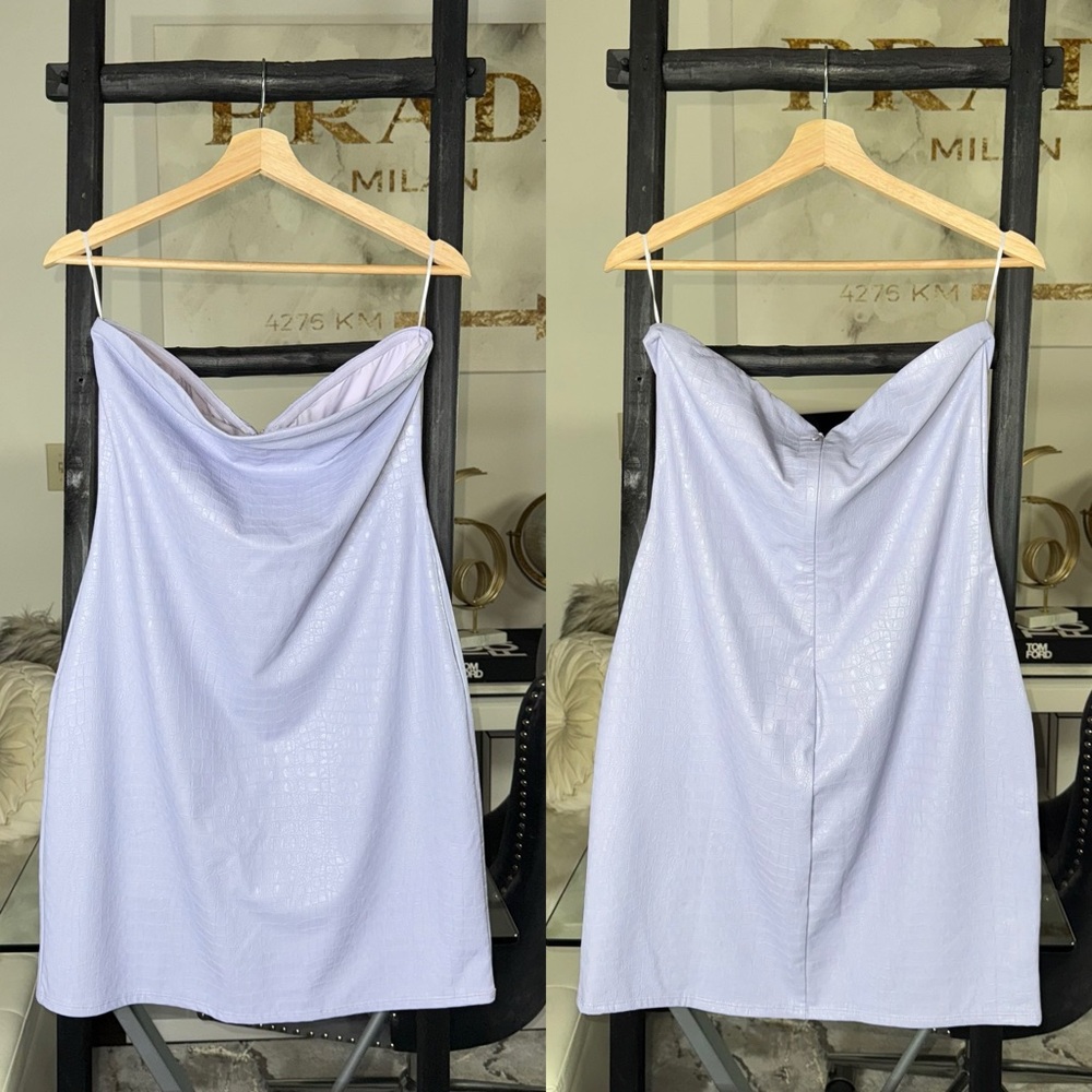 Naked Wardrobe 1X Lavender Croc Embossed Strapless Faux Leather Mini Dress